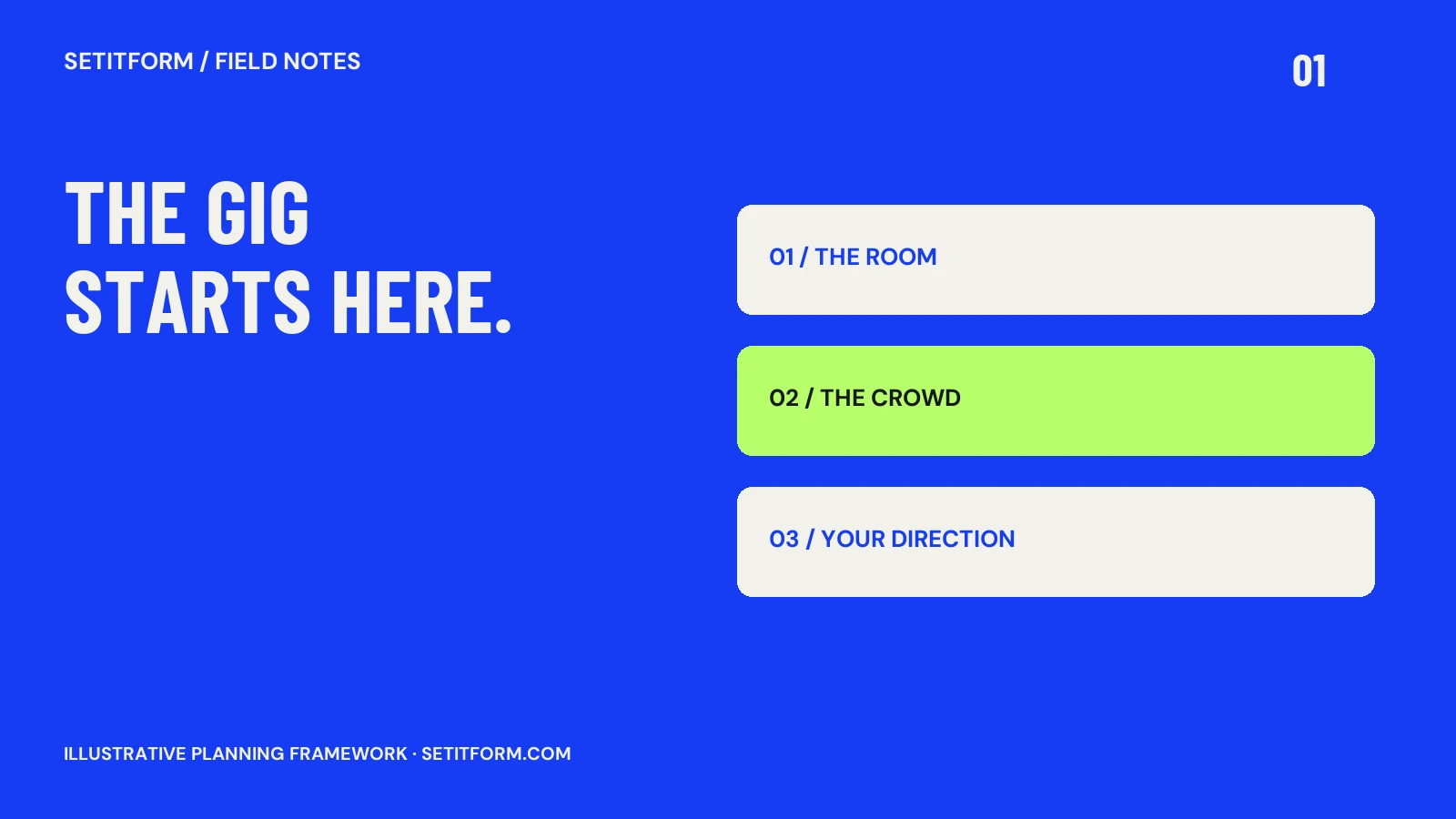 Three stages of a DJ event brief: room, crowd and musical direction